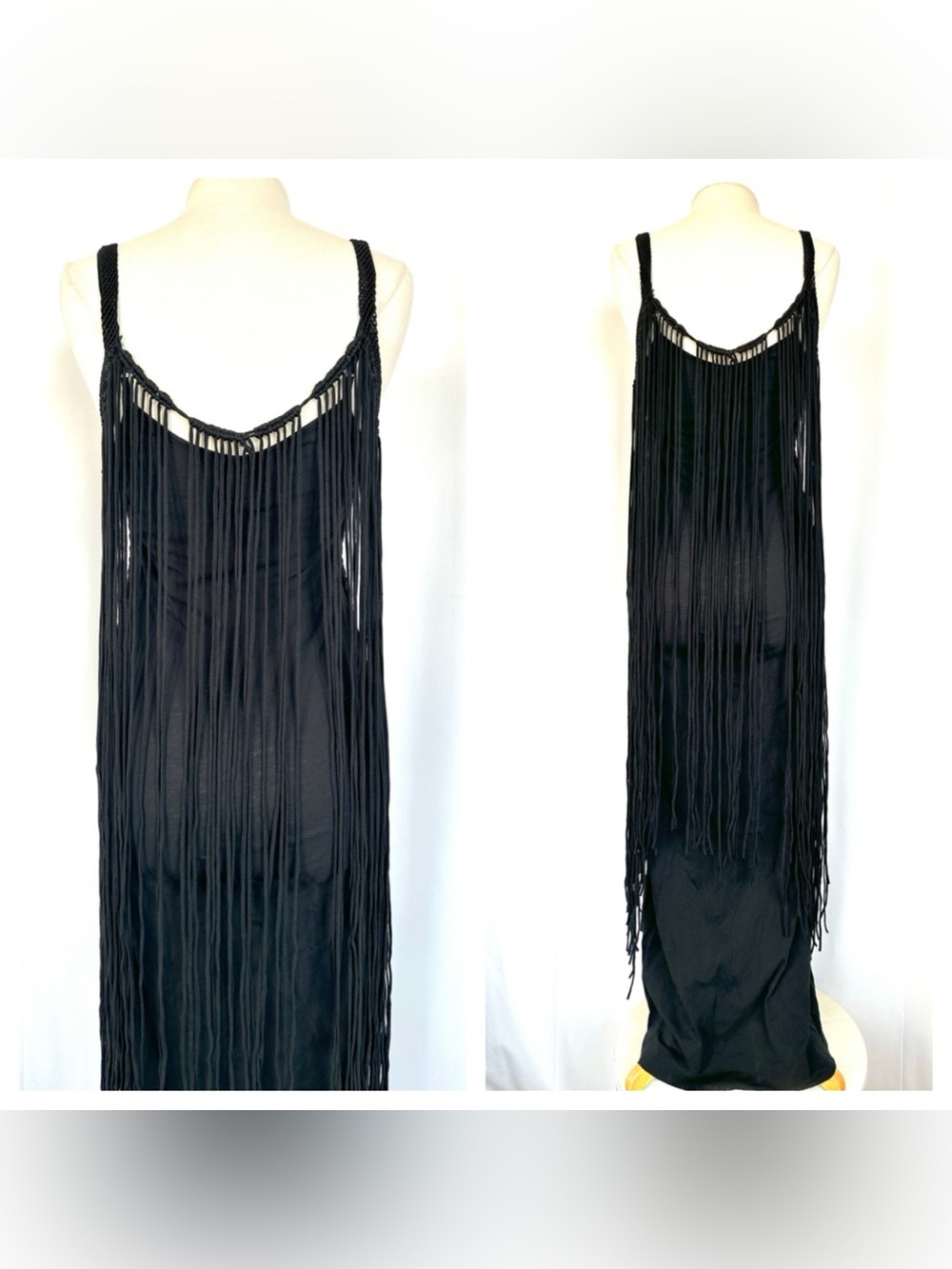RALPH LAUREN DENIM & SUPPLY BLACK CROCHET OVERLAY LONG FRINGE BOHO MAXI DRESS M - Picture 4 of 14